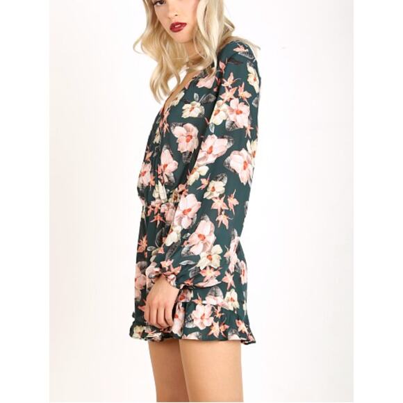 Show Me Your Mumu Bohemian Romantic Blue Sheer Floral Long Sleeve Short Romper - Picture 1 of 11